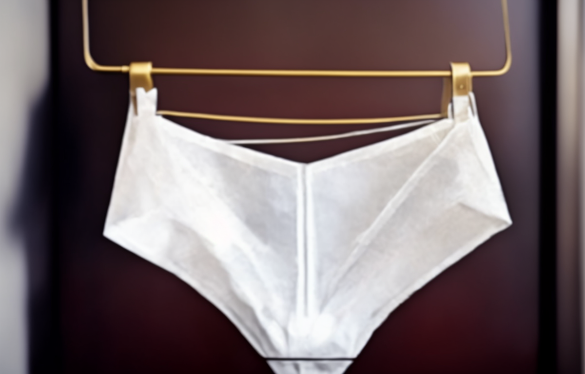 A pair of white panties, some kind of lingerie, hanging from a hook.