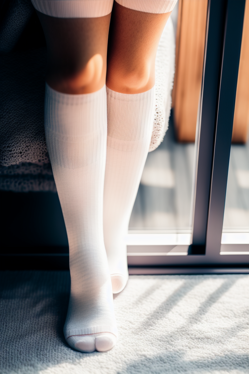 De benen van een vrouw in witte sokken staan naast een raam en laten verschillende soorten lingerie zien.