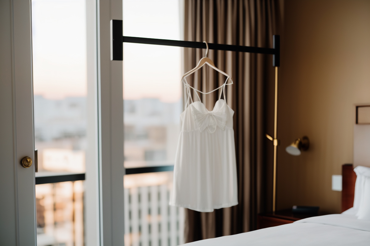 Een witte jurk die aan een hanger hangt in een hotelkamer, te midden van verschillende soorten lingerie.