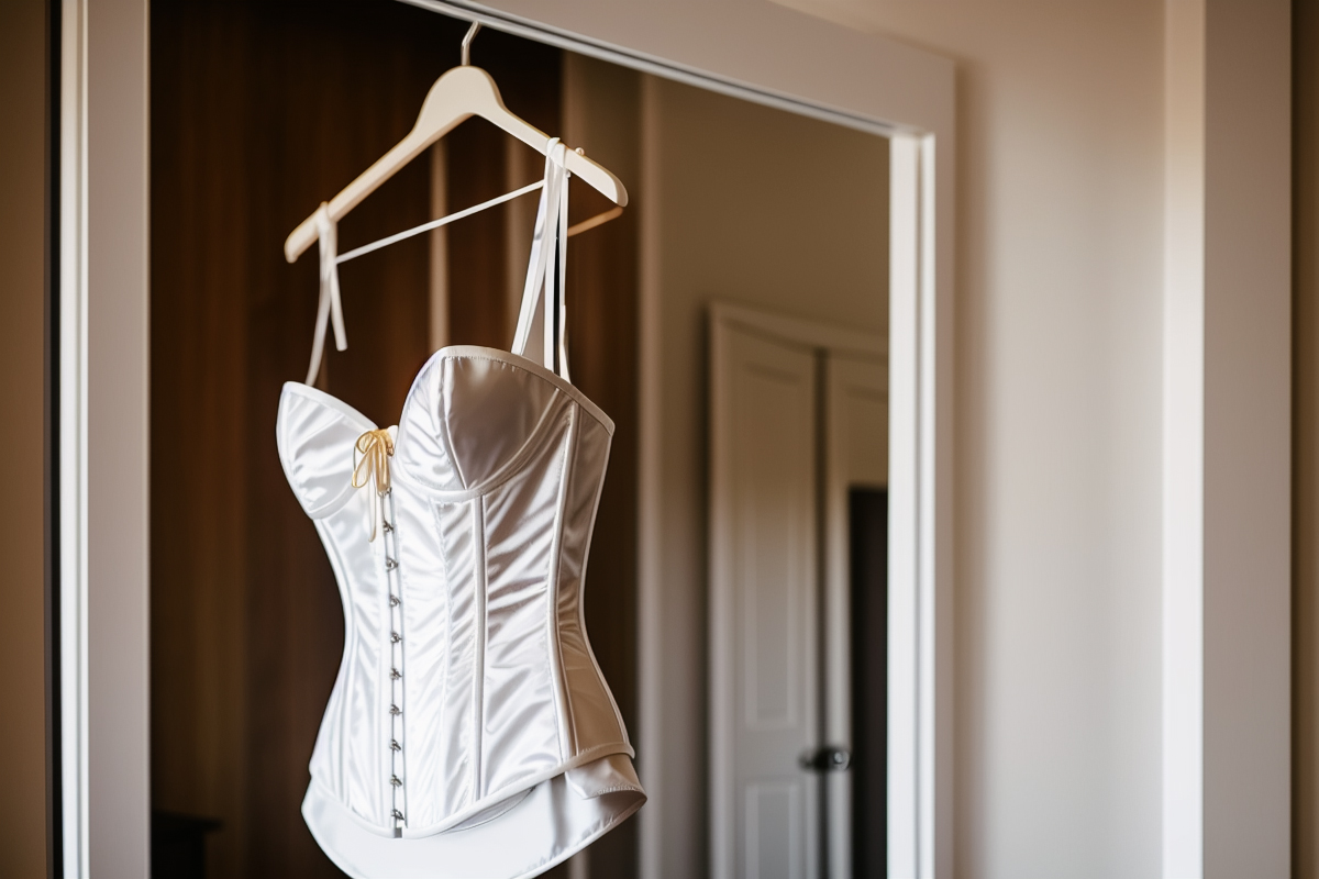 A white wedding dress, one of many types of lingerie, hangs from a hanger in a room.