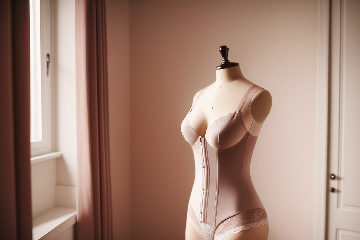 A mannequin adorned with different types of lingerie stands gracefully in a sunlit room.