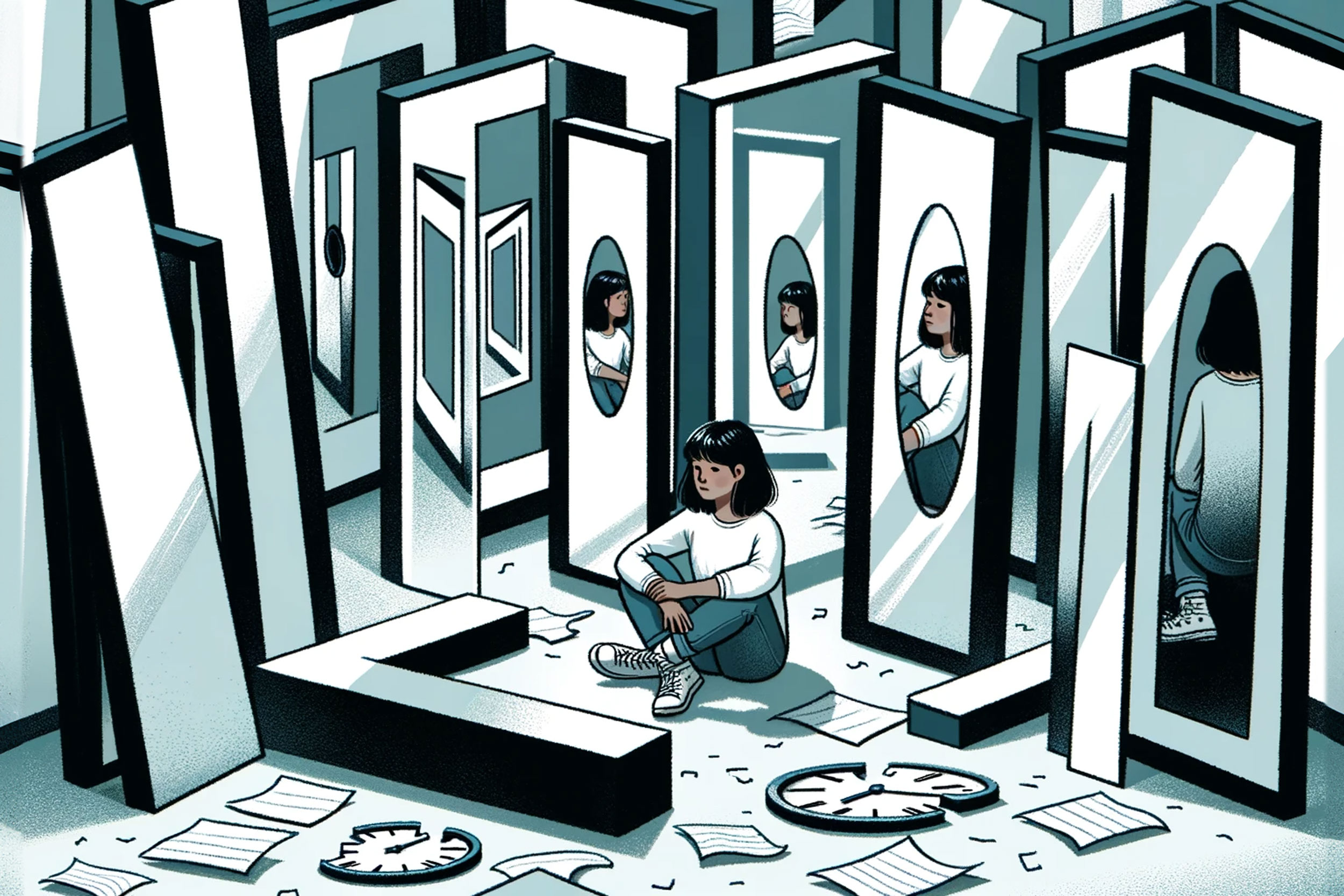 Een illustratie van een meisje dat op de grond zit voor spiegels.