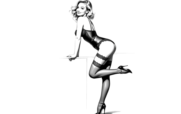 Illustratie van een vrouw in vintage lingerie en hoge hakken, opvallende boudoir-poses met de ene hand op de heup en de andere op een oppervlak, glimlachend naar de kijker.