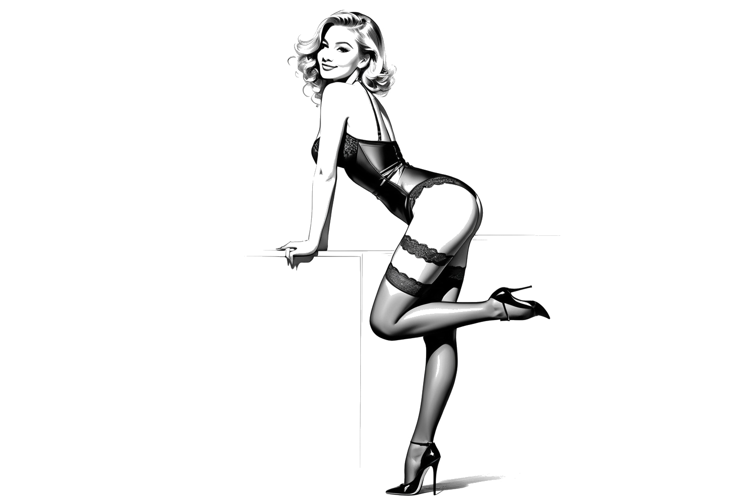 Illustratie van een vrouw in vintage lingerie en hoge hakken, opvallende boudoir-poses met de ene hand op de heup en de andere op een oppervlak, glimlachend naar de kijker.