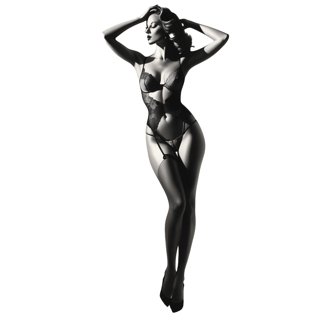 Een zwart-wit afbeelding van een vrouw in lingerie.