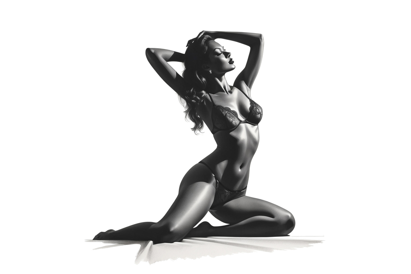 Een zwart-wit afbeelding van een vrouw in een bikini.
