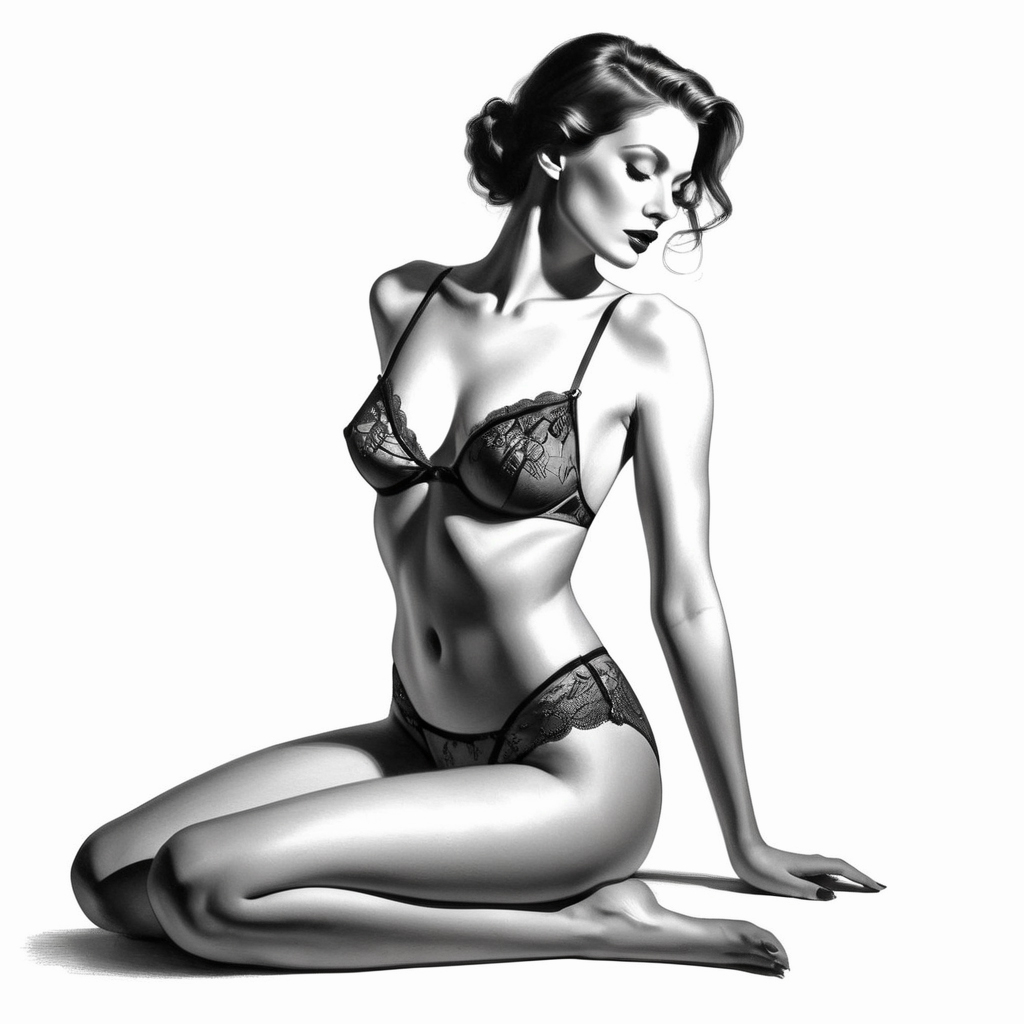 Een zwart-wit afbeelding van een vrouw in lingerie.