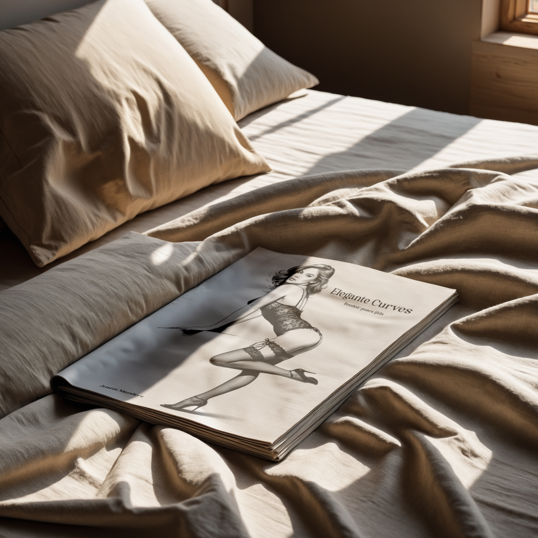 A magazine with a lingerie ad lies on a sunlit, unmade bed with pillows and crumpled sheets.