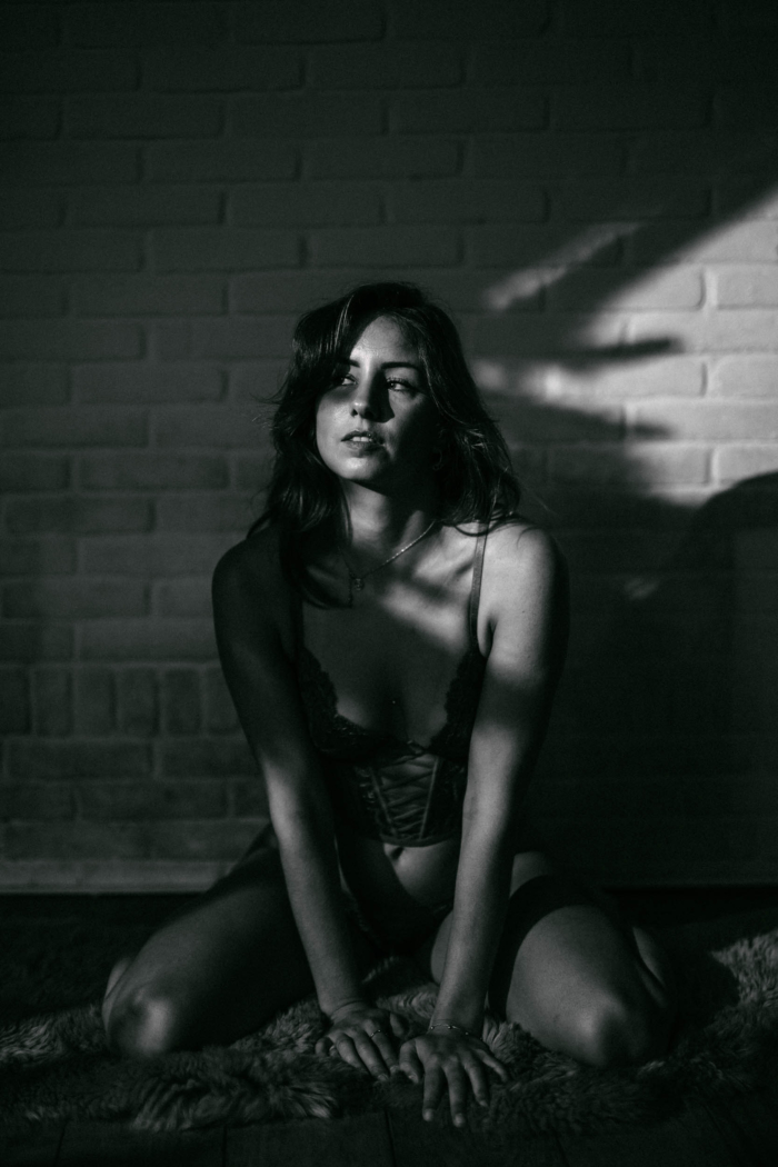 A woman in lingerie kneels on a fur rug in front of a brick wall. She is partially illuminated by golden sunlight shining in through the blinds, evoking the warm tones of a boudoir set.