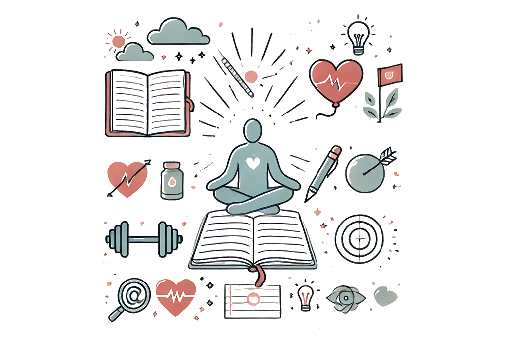 Illustration of a person meditating on an open book surrounded by health and well-being icons, including weights, a heart rate monitor, a light bulb and plants.