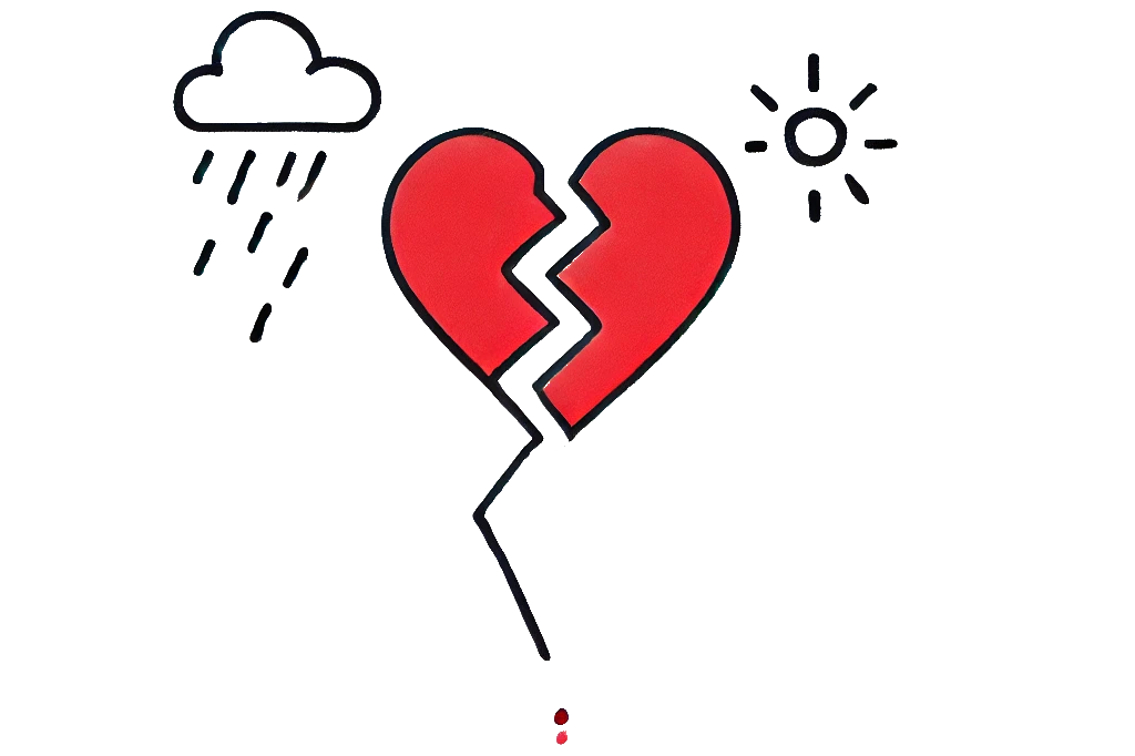 Illustration of a broken heart with a sun and a rain cloud on either side, suggesting contrasting emotions or situations.