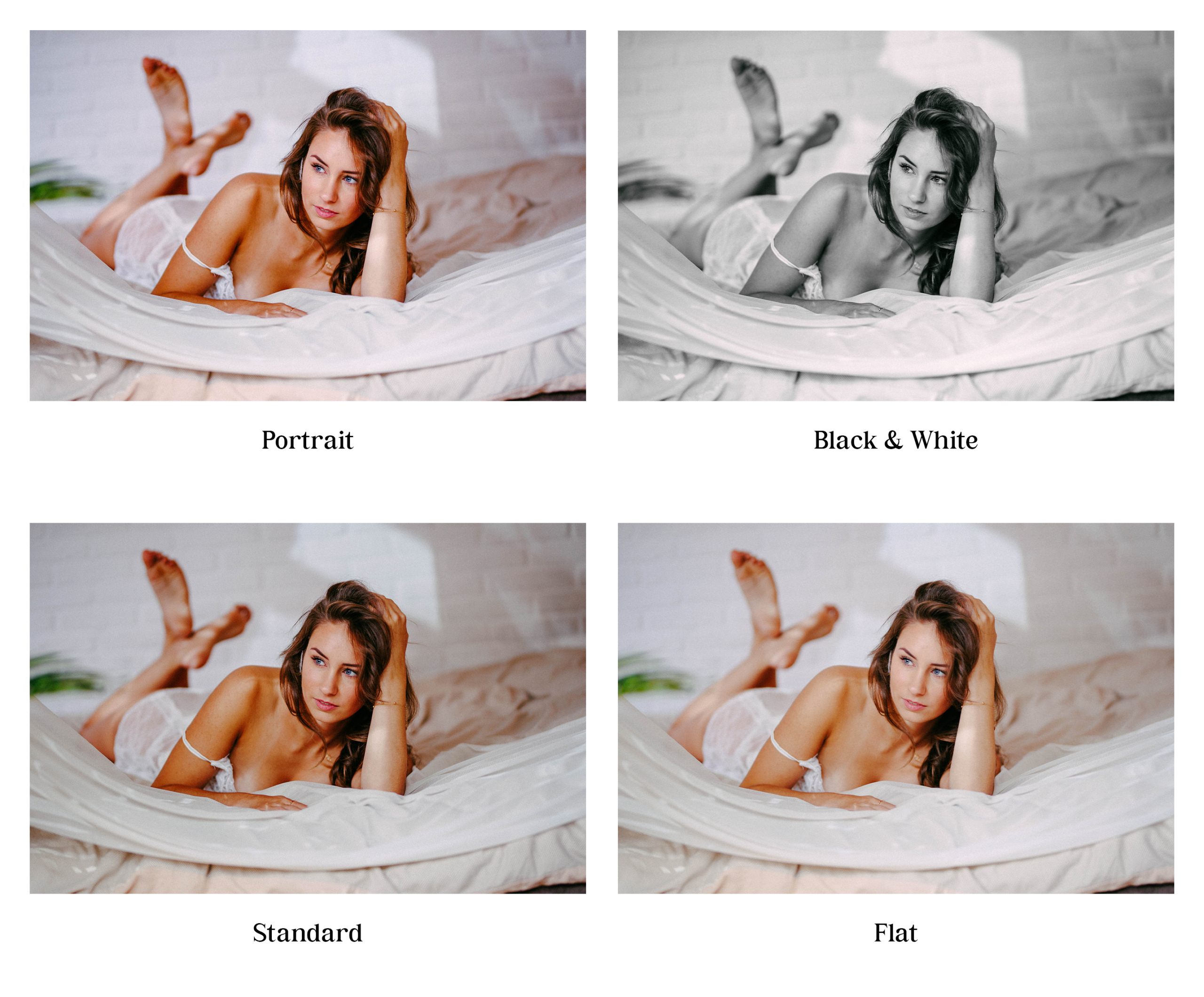 Een vrouw ligt op haar zij in bed onder een wit laken, afgebeeld in vier versies: Portret, Zwart-wit, Standaard en Plat. Elke versie toont verschillende fotobewerkingsstijlen uit het Boudoir Preset Pack, waarbij de zachte gloed van gouden zonlicht wordt vastgelegd.