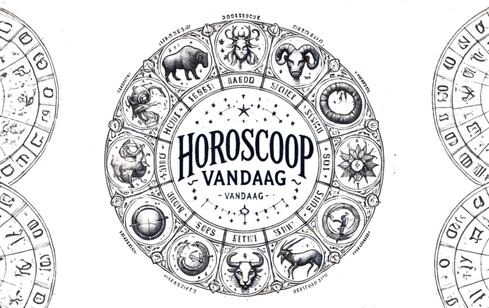 Cirkelvormig horoscoopontwerp met sterrenbeelden rondom de woorden "Horoscoop Vandaag" in het hart, versierd met zon, maan en astrologische symbolen.