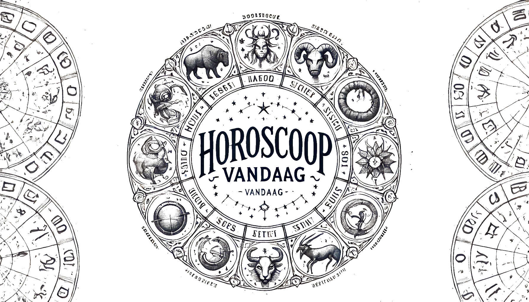 Circular horoscope design with constellations surrounding the words "Horoscope Today" in the heart, decorated with sun, moon and astrological symbols.